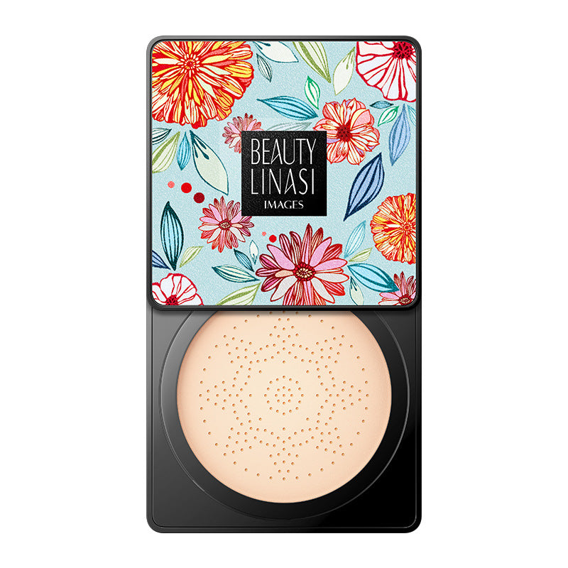 Open air cushion foundation compact with floral patterned lid, Beauty Linasi logo, and perforated beige makeup sponge.