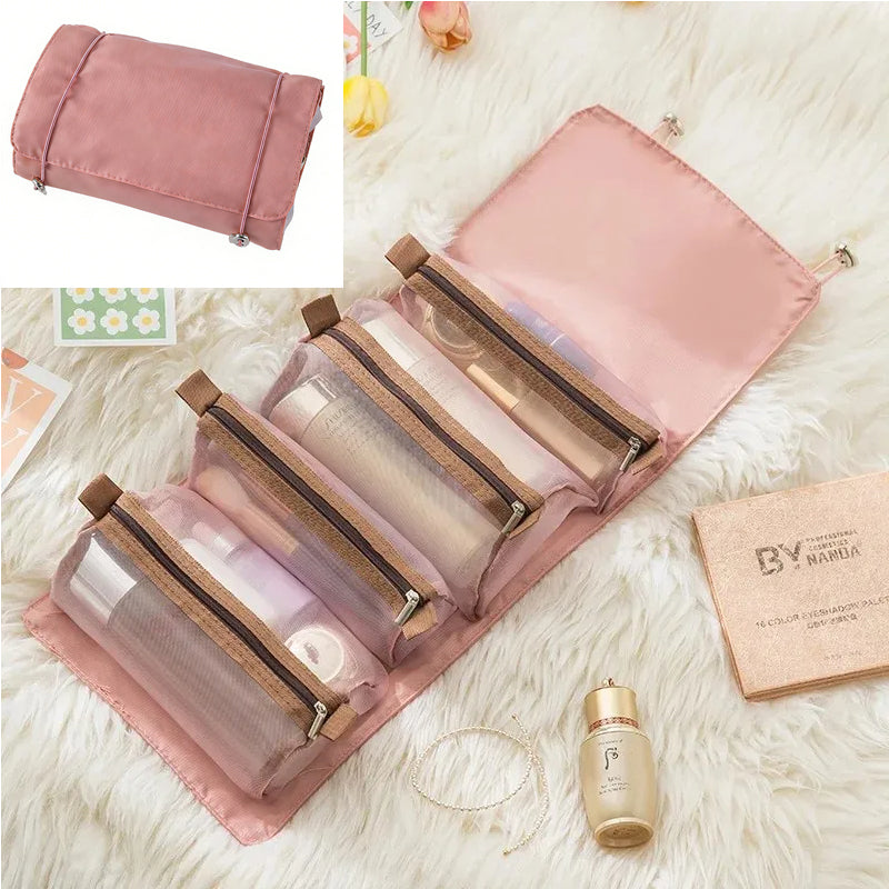 Dusty rose, 4-in-1 roll-up storage bag featuring four detachable mesh zippered pouches for toiletries and cosmetics.