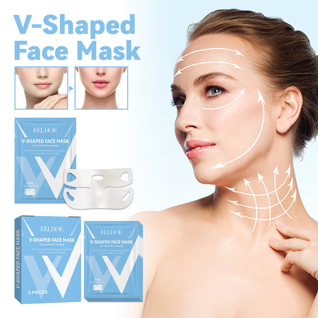 White V-shaped ear-hanging face mask sheet with blue packaging, shown with facial contouring diagrams on a woman's face.