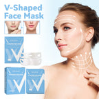 White V-shaped ear-hanging face mask sheet with blue packaging, shown with facial contouring diagrams on a woman's face.