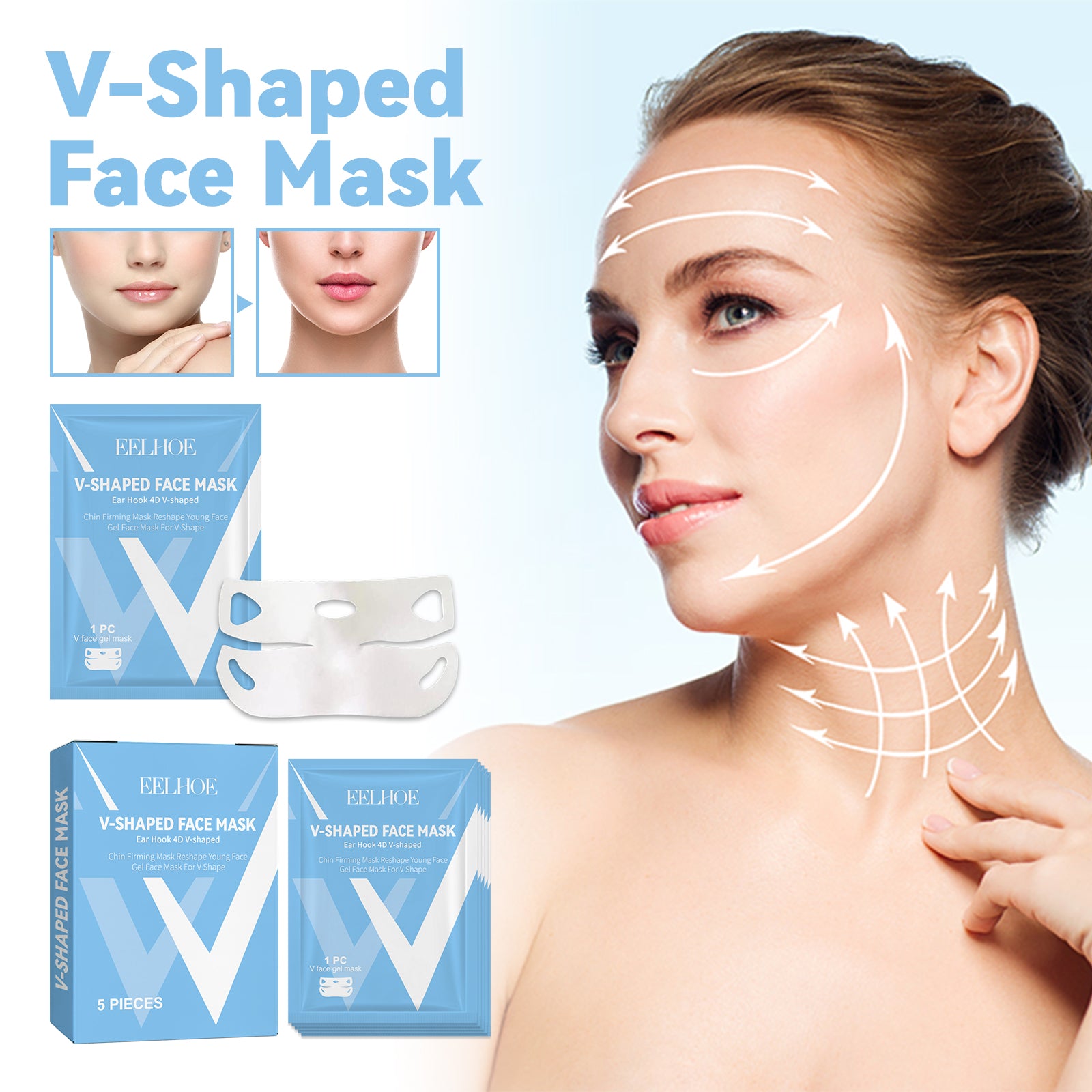White V-shaped ear-hanging face mask sheet with blue packaging, shown with facial contouring diagrams on a woman's face.