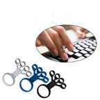 Gray, blue, and black silicone finger exercisers for hand rehabilitation and strength training on a white background.