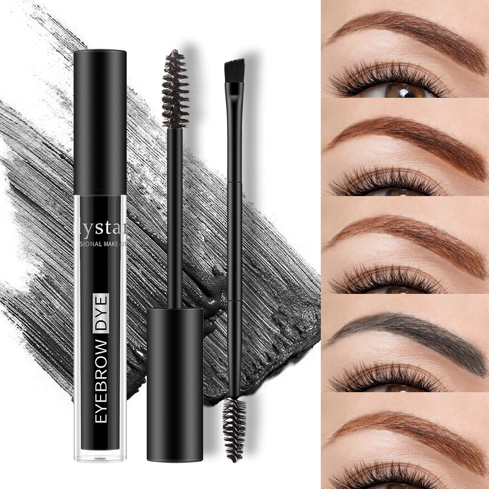 Liquid eyebrow dye set with double-headed brush and spoolie, shown next to five swatches of different brow shades.