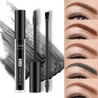Liquid eyebrow dye set with double-headed brush and spoolie, shown next to five swatches of different brow shades.