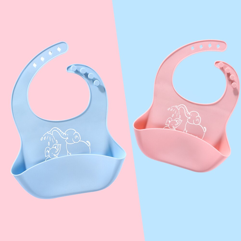 Blue and pink silicone baby bibs with elephant prints, featuring adjustable neck straps and a large food-catching pocket.
