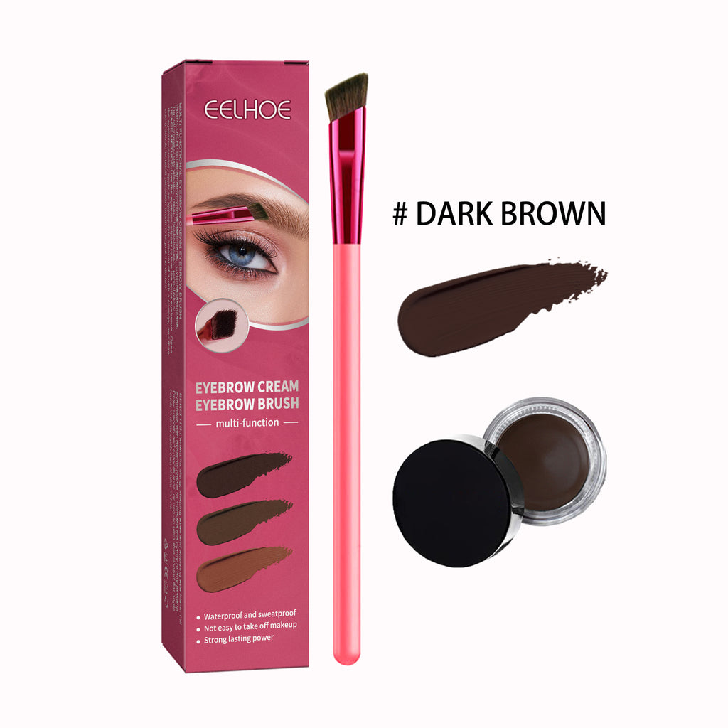 EELHOE eyebrow kit with pink brush, dark brown cream pot, and product packaging, showcasing color swatches.