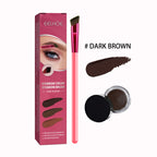 EELHOE eyebrow kit with pink brush, dark brown cream pot, and product packaging, showcasing color swatches.