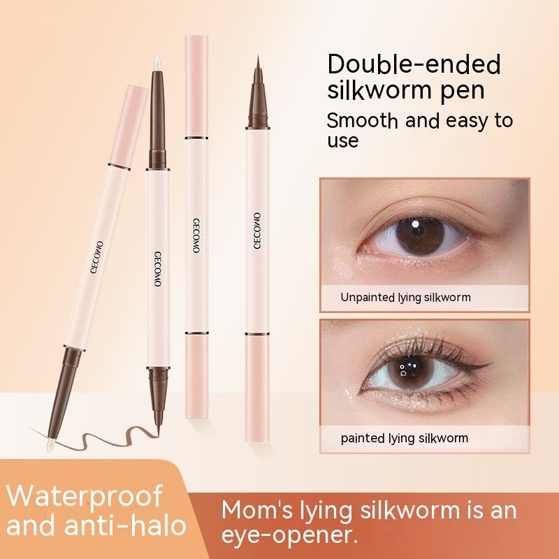 Double-ended GECOMO pens in pale pink cases with brown liner and shimmer highlighter tips for defined, bright eyes.