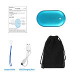 Metallic blue, oval 5000mAh portable hand warmer/power bank with USB cable, blue lanyard, and black velvet pouch.