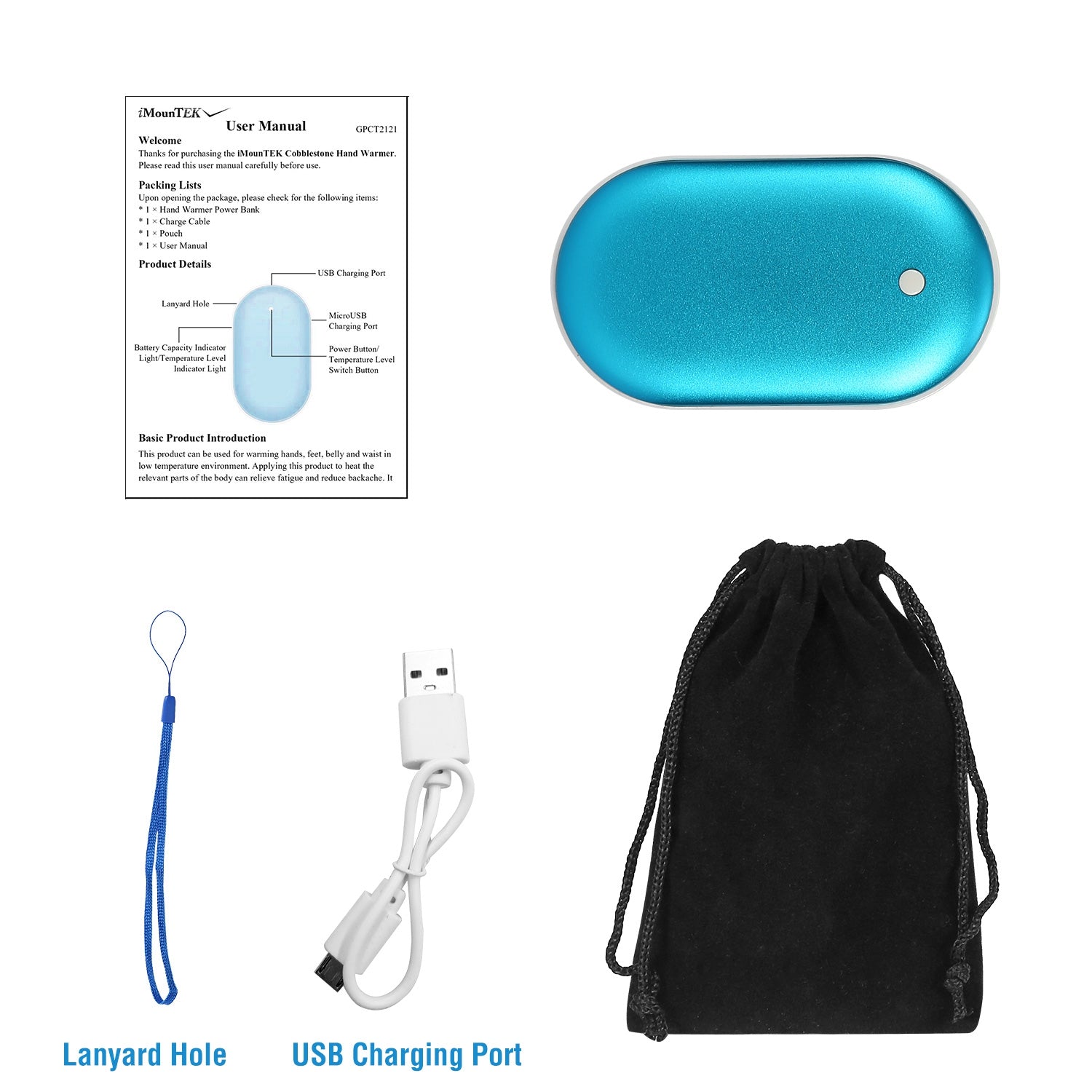 Metallic blue, oval 5000mAh portable hand warmer/power bank with USB cable, blue lanyard, and black velvet pouch.