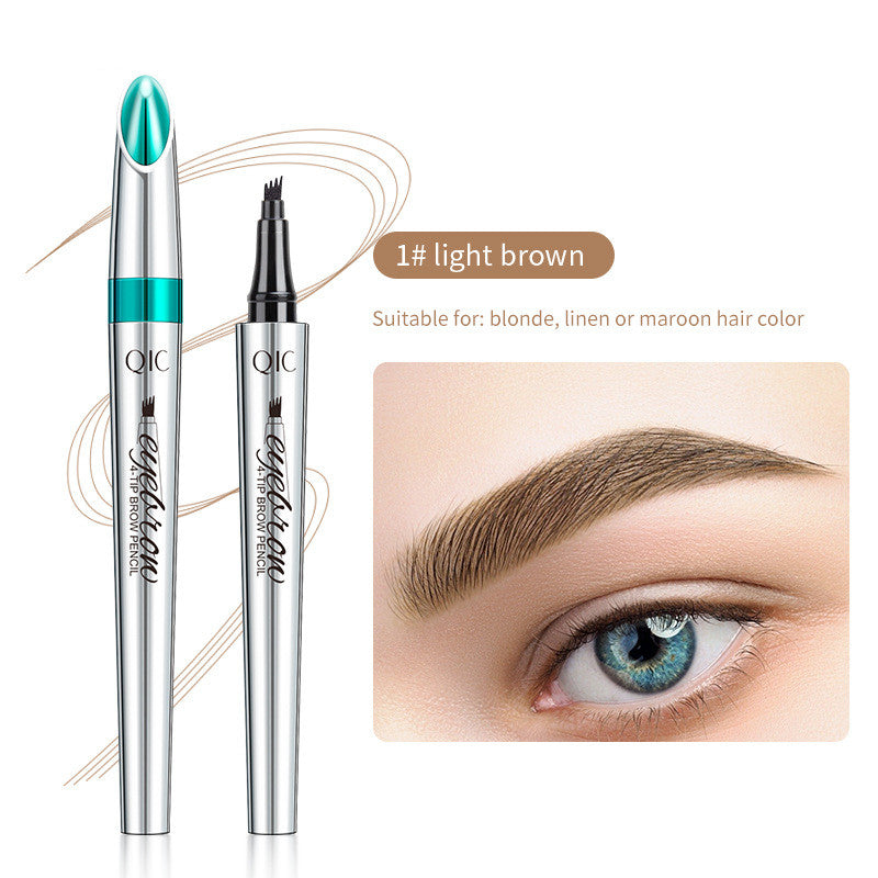 QIC four-prong waterproof liquid eyebrow pencil in light brown, featuring metallic casing and hair-stroke application.