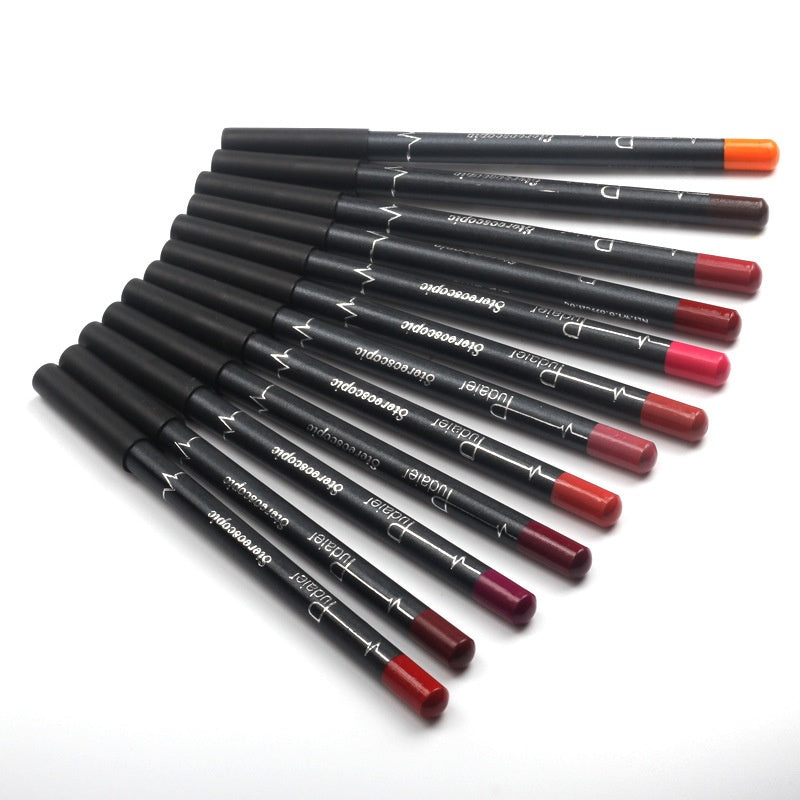 Set of 12 waterproof lip liners in black wooden casings with colorful tips, arranged in a fan on a white background.