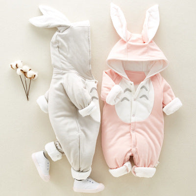 Two soft baby rompers in grey and pink with bunny-ear hoods and white trim, featuring cute chest detail.