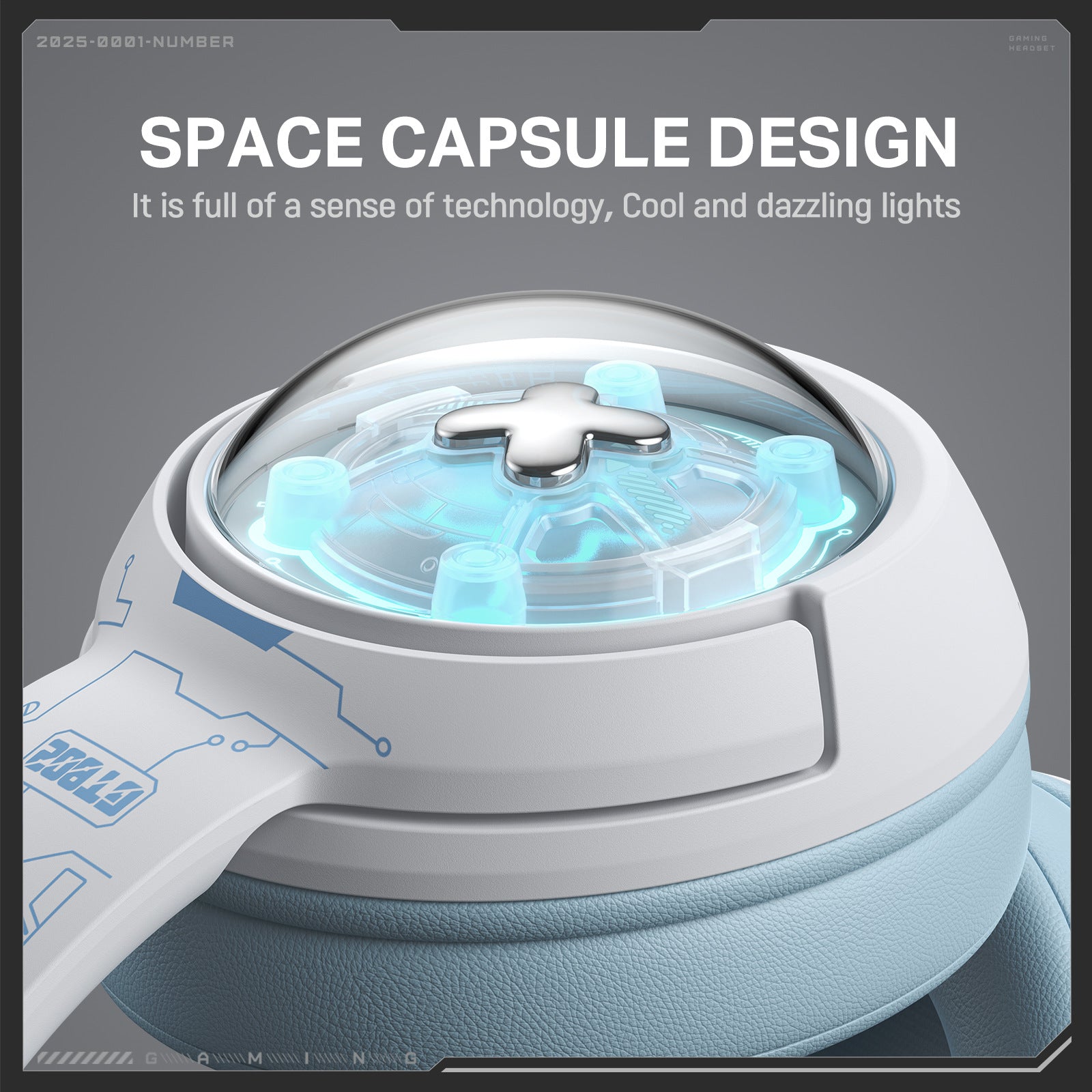 Digitaldistribution375 white wireless gaming headset with a blue-lit, dome-shaped space capsule earcup design.