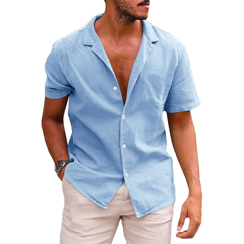 Light blue short-sleeve button-down shirt with an open camp collar, featuring a textured, linen-like casual fit.