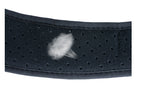 Close-up of a black, perforated, breathable fabric strap for a medical posture corrector with a steam graphic overlay.