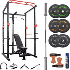 Black and red power cage with adjustable bench, barbell, various weight plates, and gym attachments on white background.