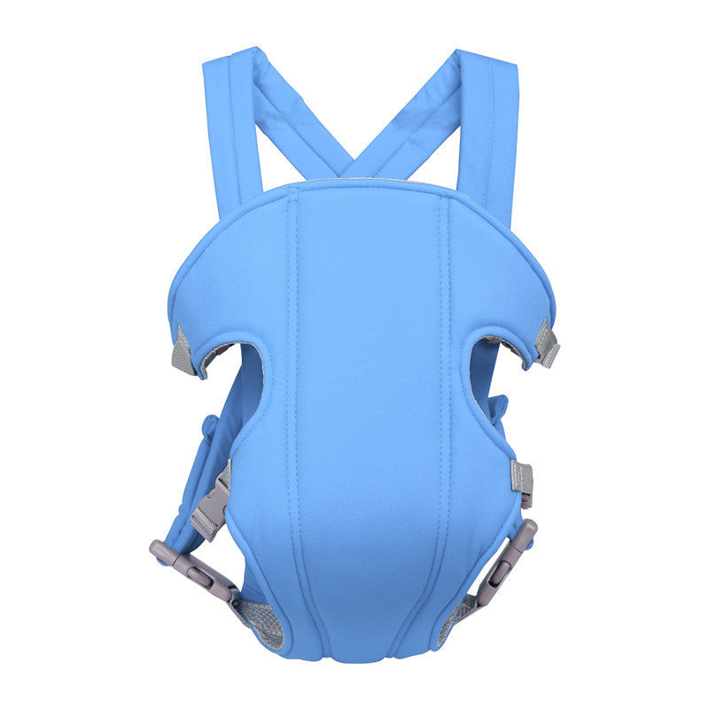 Light blue, breathable baby waist stool carrier with adjustable straps and secure side buckles, isolated on white.