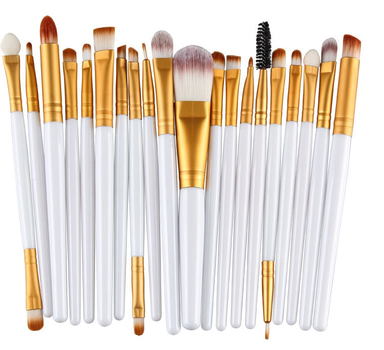 Digitaldistribution375 makeup set: 20 professional brushes with white handles, gold ferrules, and soft synthetic fibers.