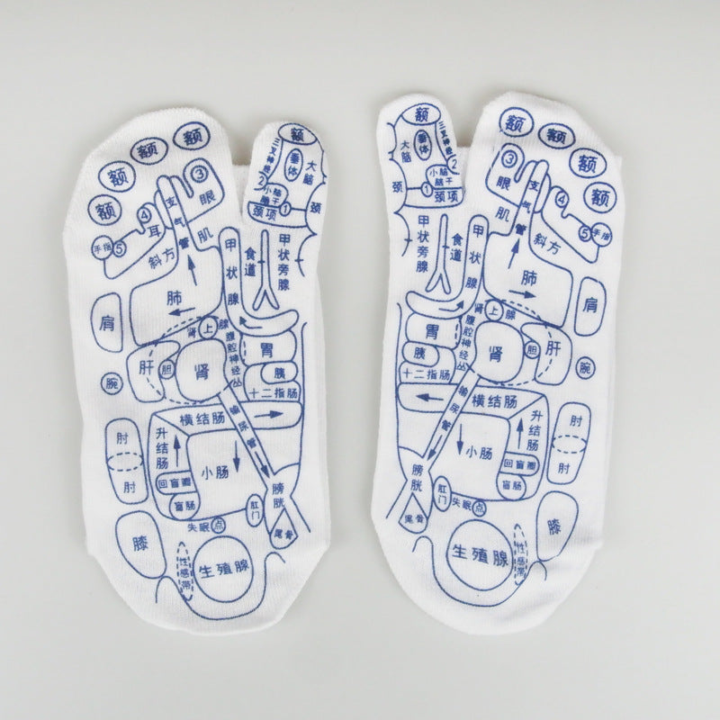 White reflexology socks with blue acupressure point charts and labels in Chinese for foot massage.