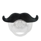 Clear silicone baby pacifier featuring a large, funny black plastic mustache handle against a white background.