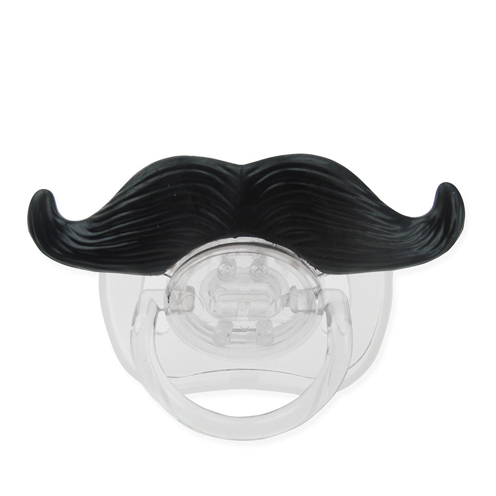 Clear silicone baby pacifier featuring a large, funny black plastic mustache handle against a white background.