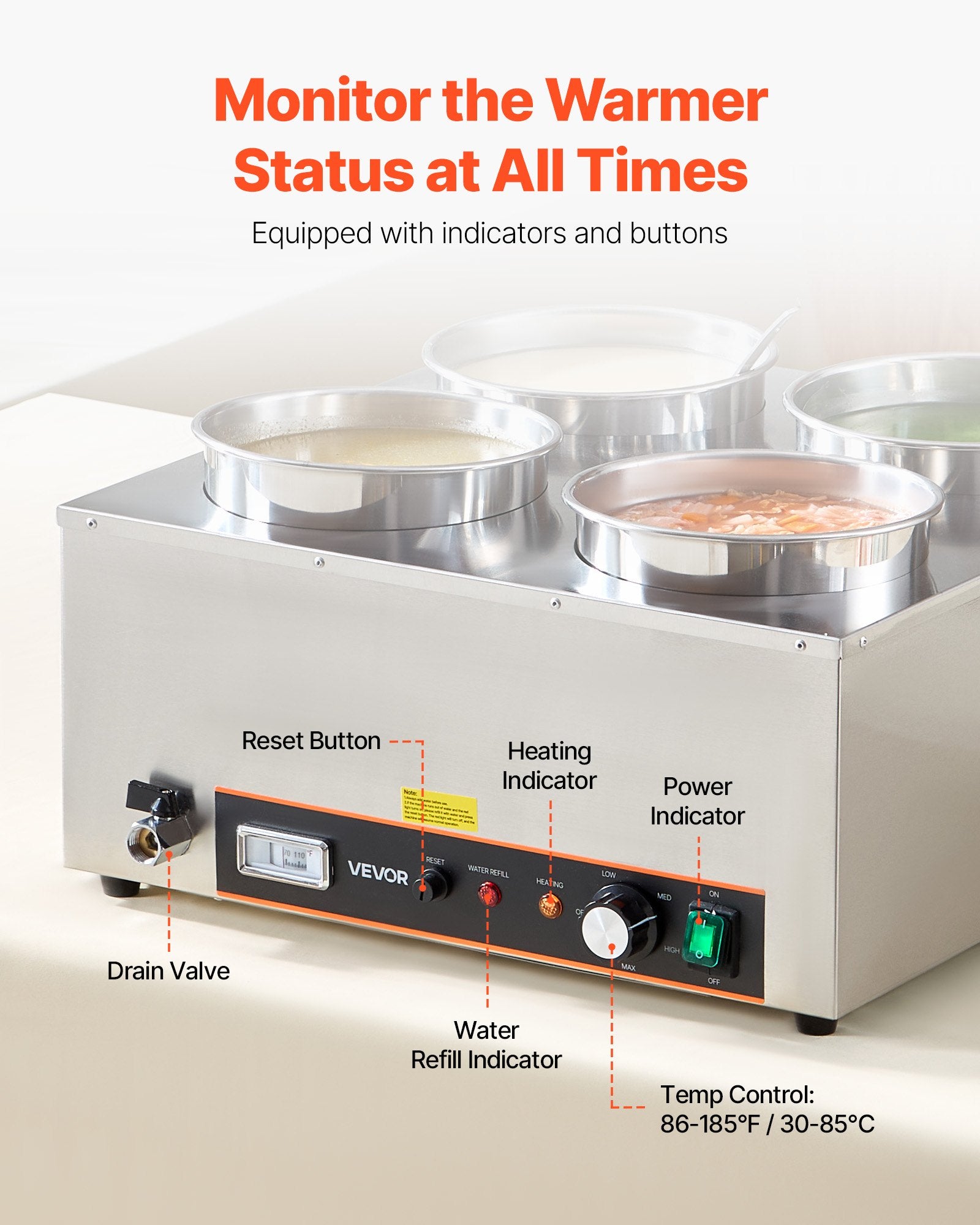 Stainless steel commercial soup warmer with four pots, digital temperature dial, indicators, and a side drain valve.