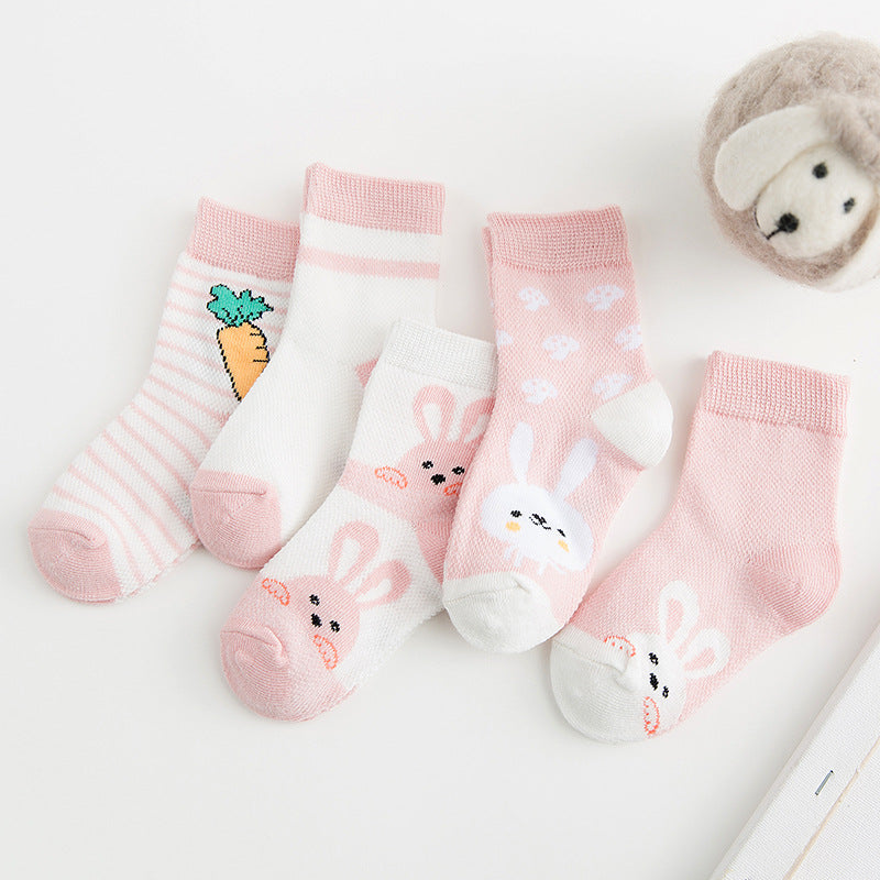 Set of four breathable cotton baby socks in pink and white, featuring carrot and bunny motifs.