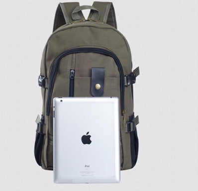 Olive green canvas men’s backpack featuring black zippers, side straps, and a front pocket with a decorative snap strap.