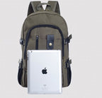 Olive green canvas men’s backpack featuring black zippers, side straps, and a front pocket with a decorative snap strap.