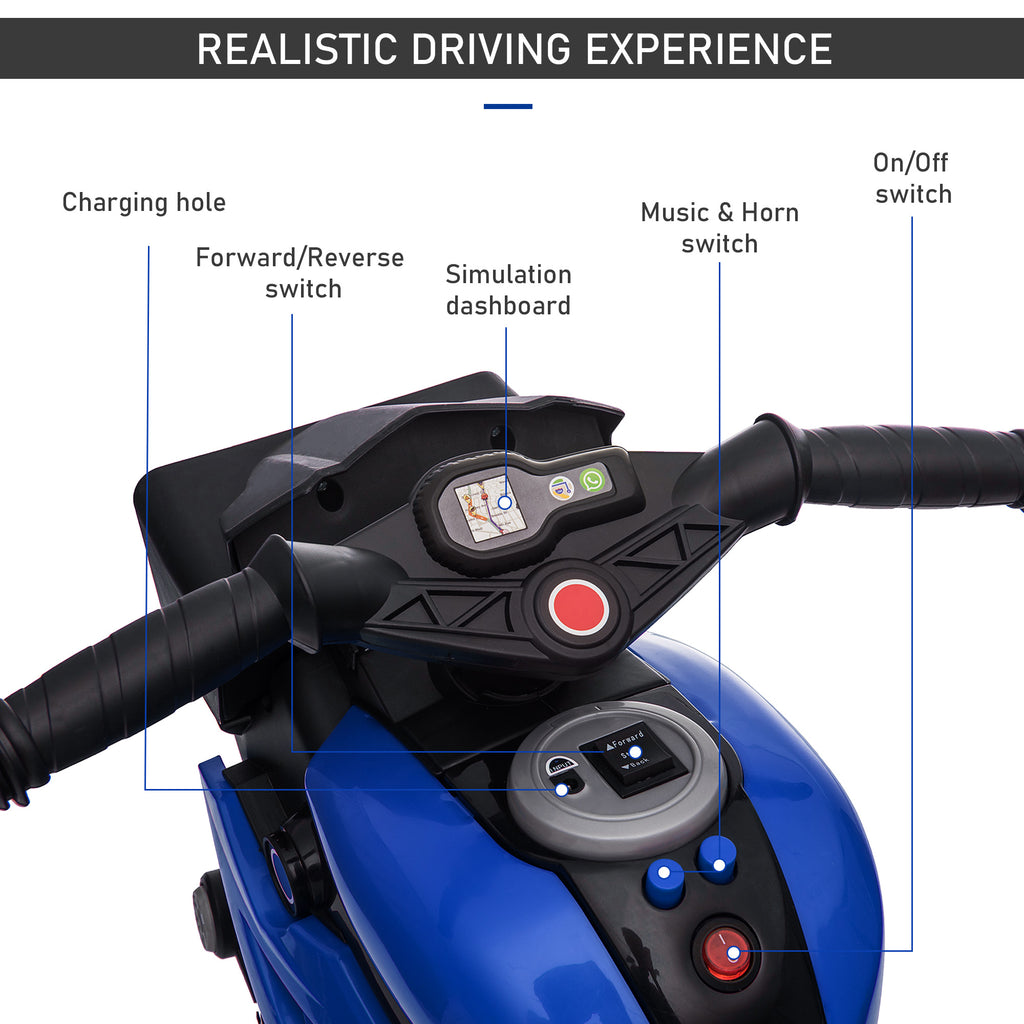 Blue kids' electric motorcycle with labeled dashboard, buttons for music, horn, and forward/reverse, plus a power switch.