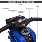 Blue kids' electric motorcycle with labeled dashboard, buttons for music, horn, and forward/reverse, plus a power switch.