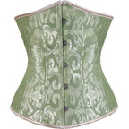 Sage green jacquard corset with floral damask pattern, front hook-and-eye closures, and light trim.