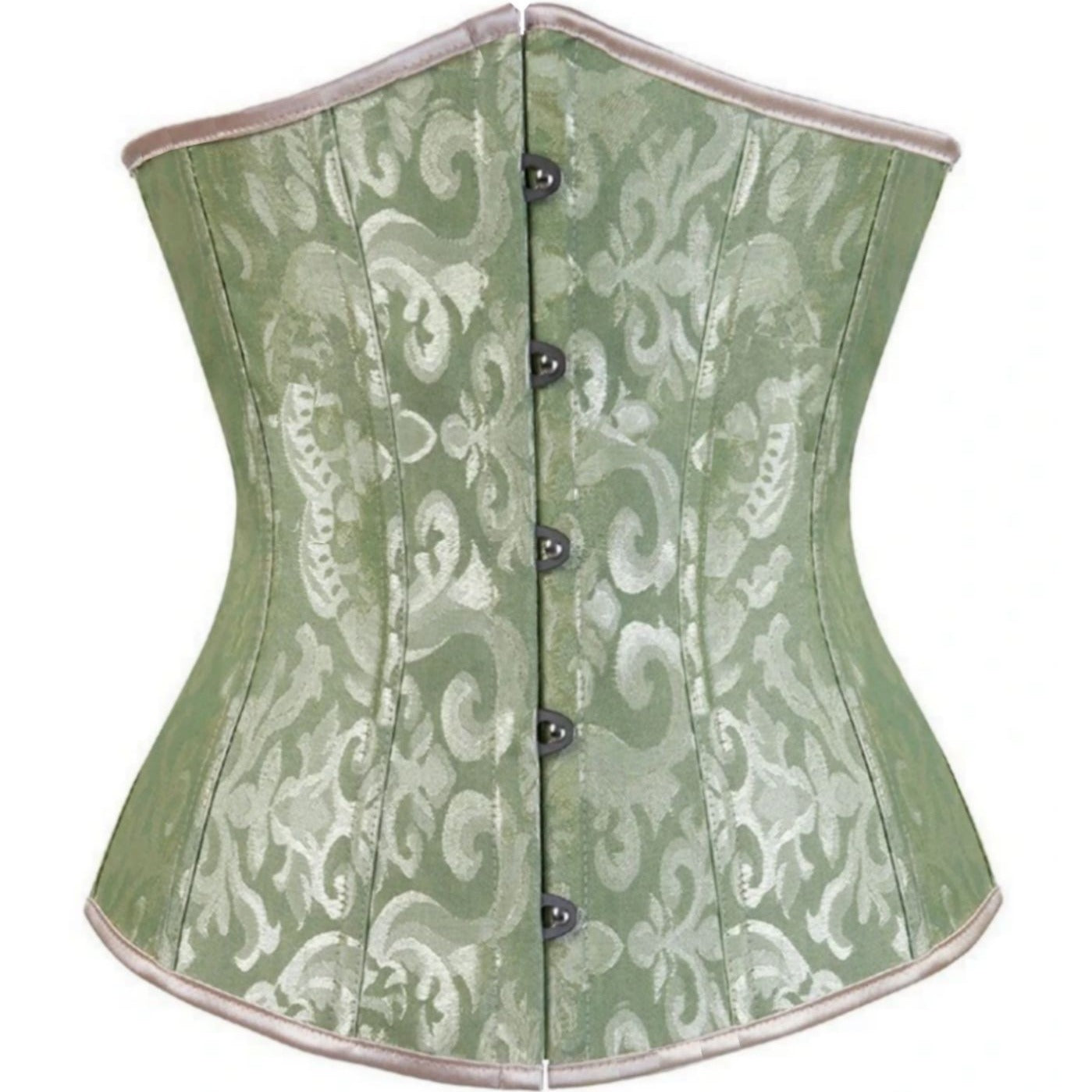 Sage green jacquard corset with floral damask pattern, front hook-and-eye closures, and light trim.