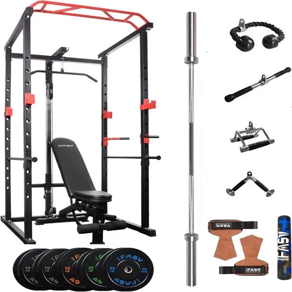 Black and red home gym power cage with adjustable bench, barbell, various attachments, and weight plates on white.