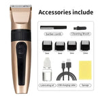 Gold and black cordless hair clipper with metal blades, comb attachments, cleaning brush, oil, USB cable, and sponge.