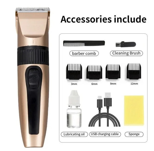 Gold and black cordless hair clipper with metal blades, comb attachments, cleaning brush, oil, USB cable, and sponge.