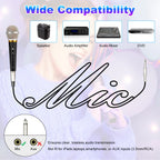 Black handheld wired dynamic mic with metallic grille, on/off switch, and 1/4-inch plug for various audio equipment.