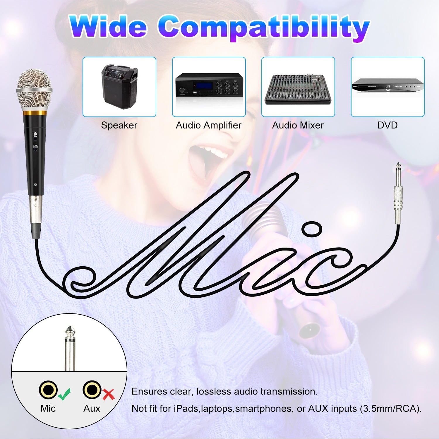 Black handheld wired dynamic mic with metallic grille, on/off switch, and 1/4-inch plug for various audio equipment.