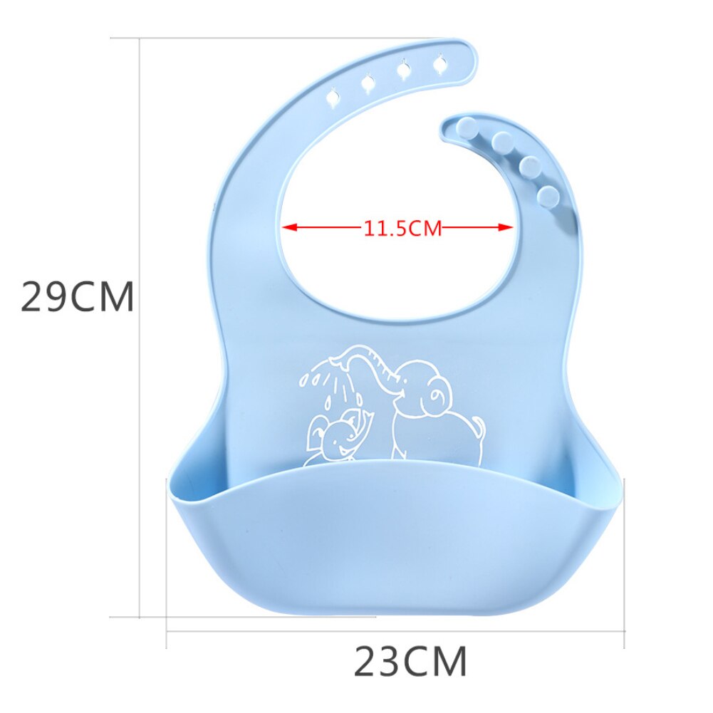Light blue silicone baby bib with elephant print, crumb catcher pocket, and adjustable button strap. Dimensions included.