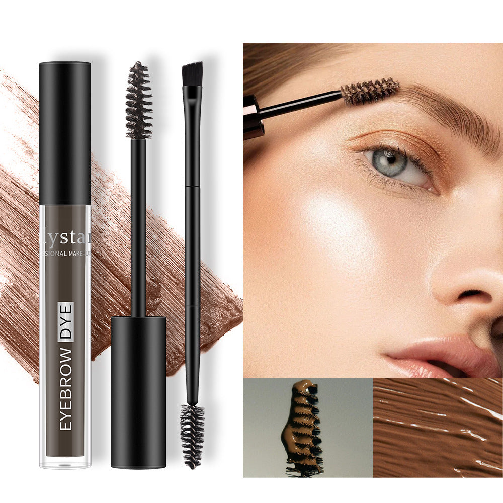 Digitaldistribution375 brown liquid eyebrow dye with double-headed brush, applied to a model’s brows. Waterproof.