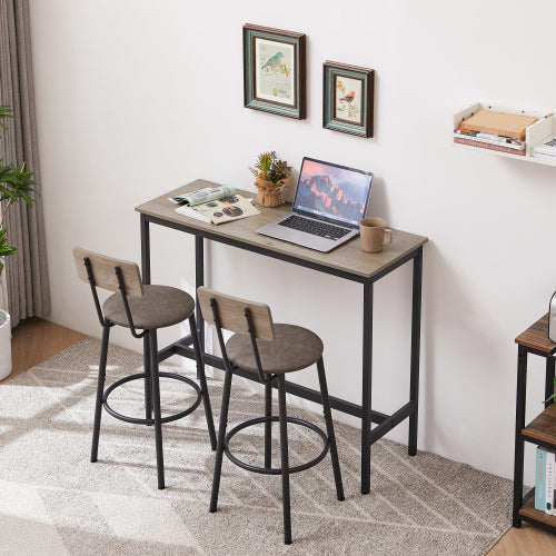 Bar table set with grey wooden top, black metal frame, and two stools featuring backrests and grey cushioned PU seats.