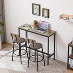 Bar table set with grey wooden top, black metal frame, and two stools featuring backrests and grey cushioned PU seats.