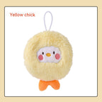Fluffy yellow chick plush hand warmer with a cloud-shaped face, pink cheeks, orange feet, and a white hanging loop.