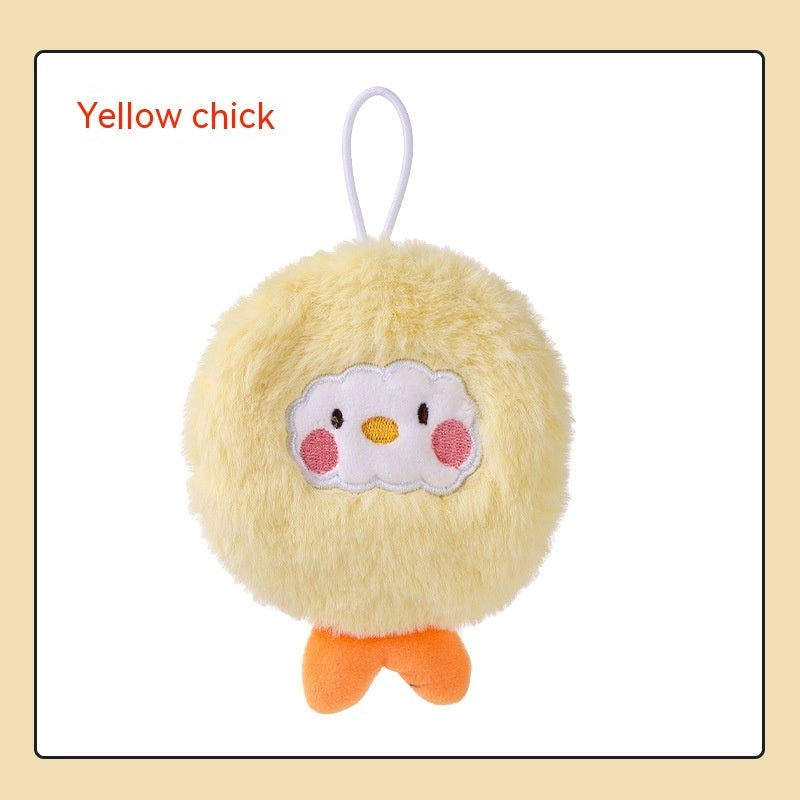 Fluffy yellow chick plush hand warmer with a cloud-shaped face, pink cheeks, orange feet, and a white hanging loop.