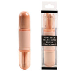 A pink, 4-in-1 retractable makeup brush set in a clear plastic tube, next to its portable packaging box.