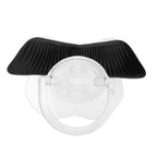 Clear plastic baby pacifier featuring a textured, black silicone mustache attachment.