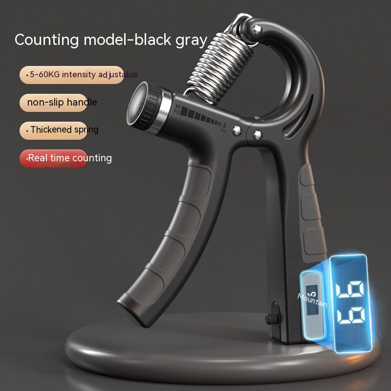 Black and gray adjustable hand grip strengthener with a metal spring, non-slip handle, and digital rep counter display.