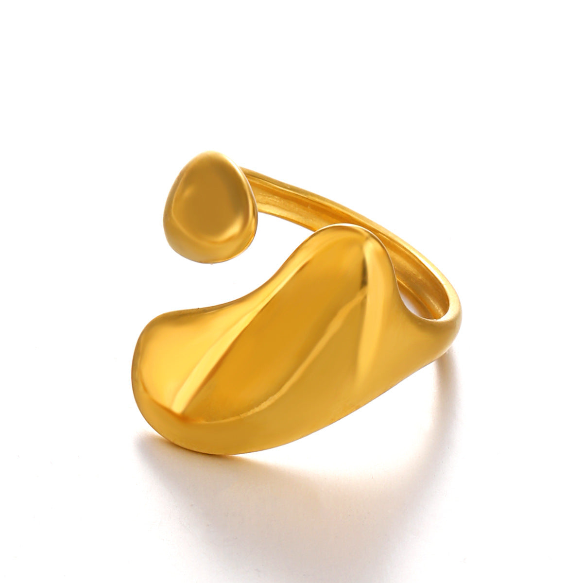 Gold-tone stainless steel open ring featuring a unique, asymmetrical liquid-inspired organic shape.