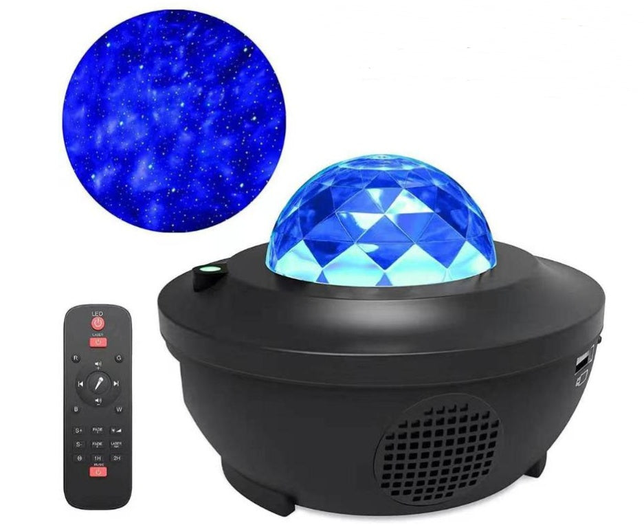 Black USB LED star projector lamp with remote control, casting a blue galaxy light effect on surfaces.